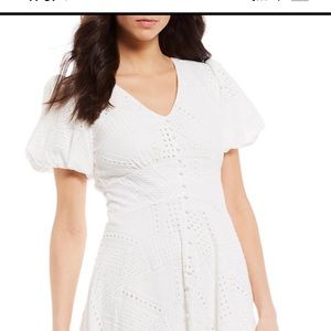 Puff Sleeve Button Down Eyelet Tea Midi Dress